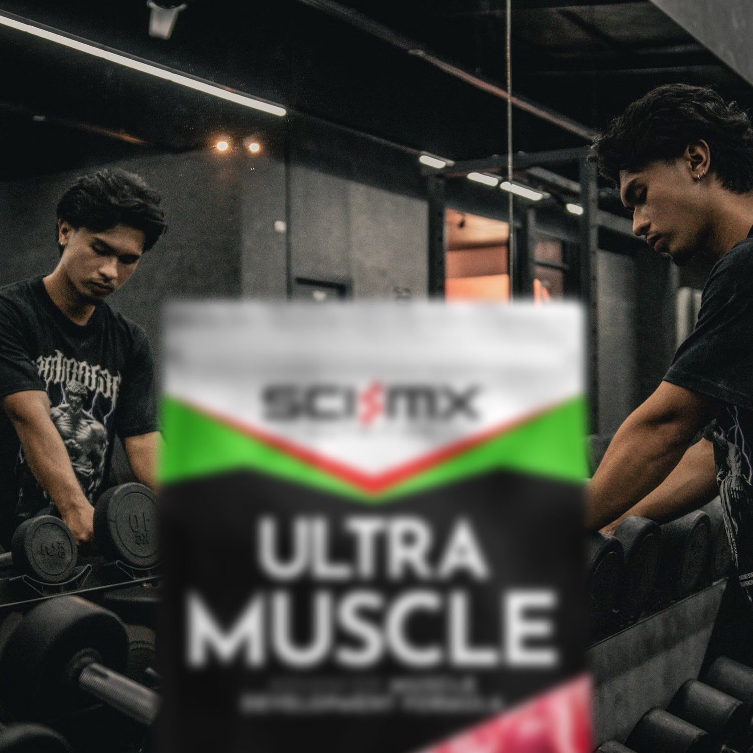 Person lifting weights with a Sci-Mx Ultra Muscle supplement container in the foreground.
