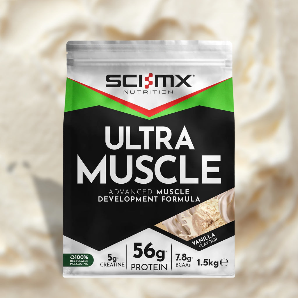 Sci-Mx Nutrition Ultra Muscle supplement package on a vanilla background