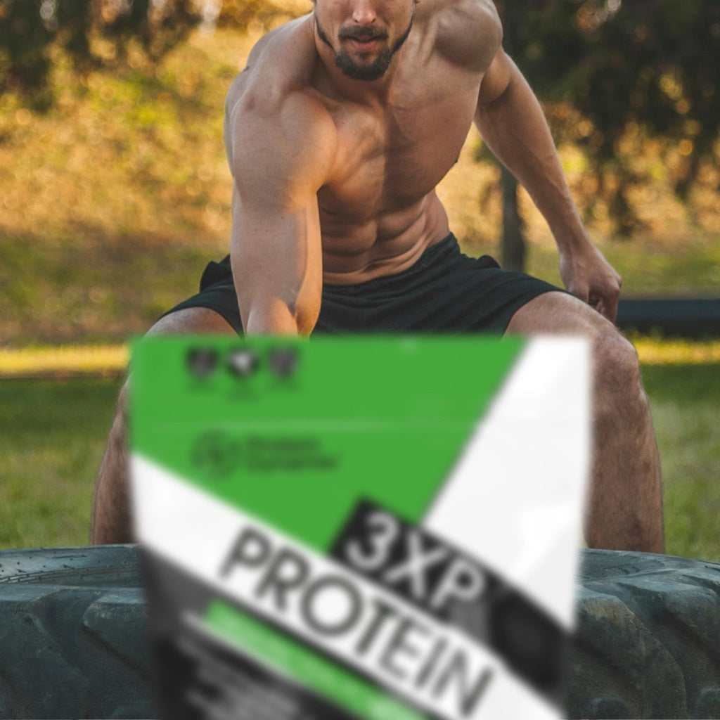 Man exercising outdoors with a 3XP Protein product in the foreground