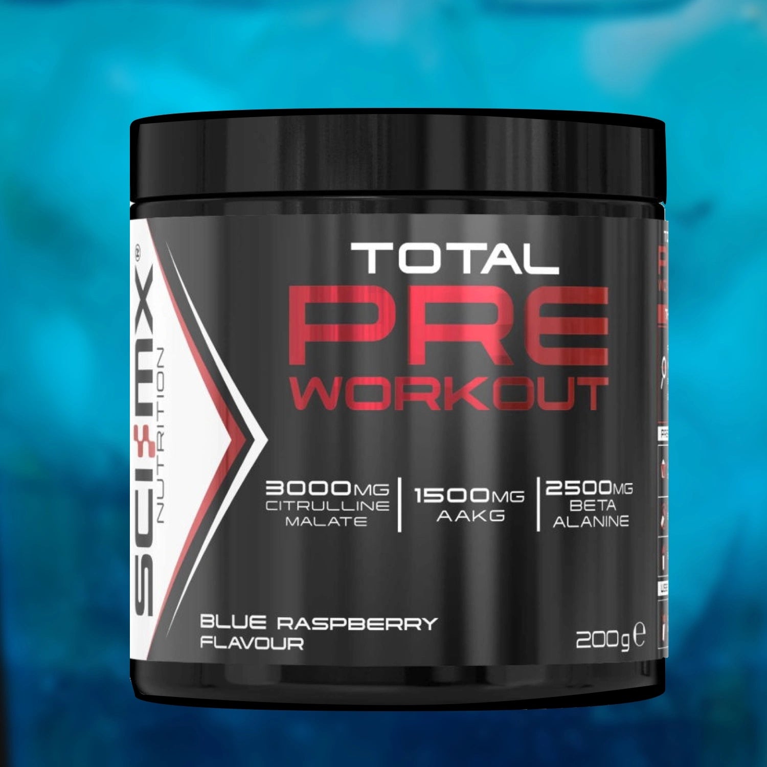 Sci-Mx Total Pre Workout supplement container on a blue raspberry drink background