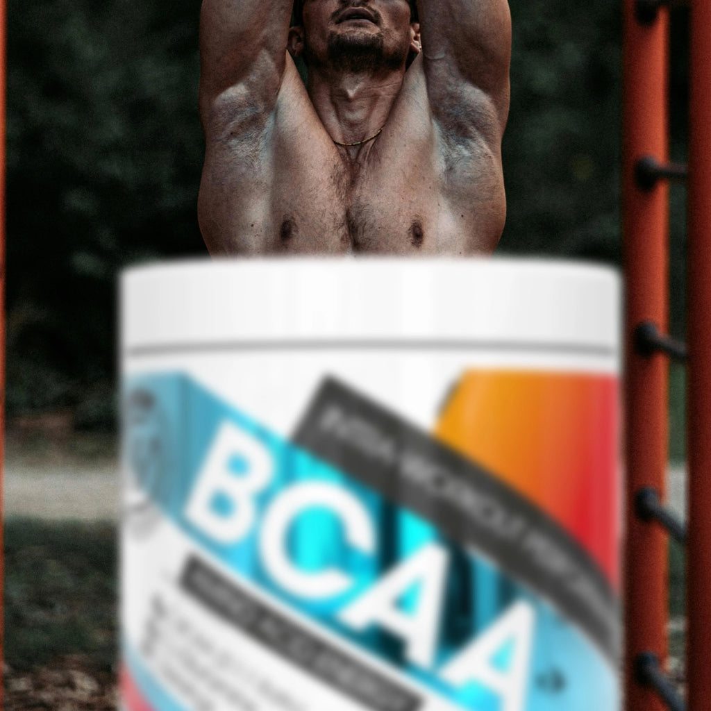Man training in front of a BCAA Intra-Workout Supplement container 