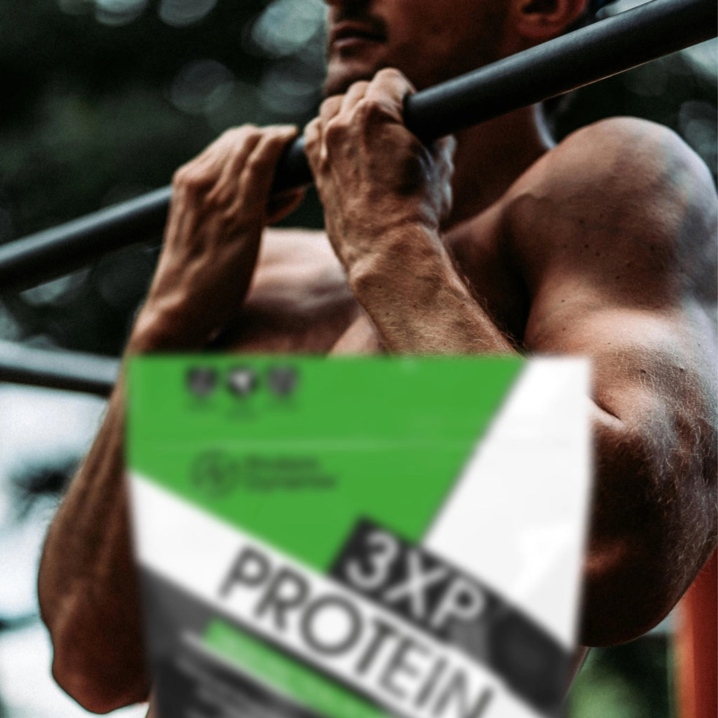 Person doing pull-ups with a 3XP Protein supplement in the foreground
