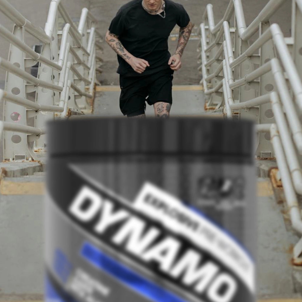 Person running up stadium steps with a 'Dynamo' product in the foreground