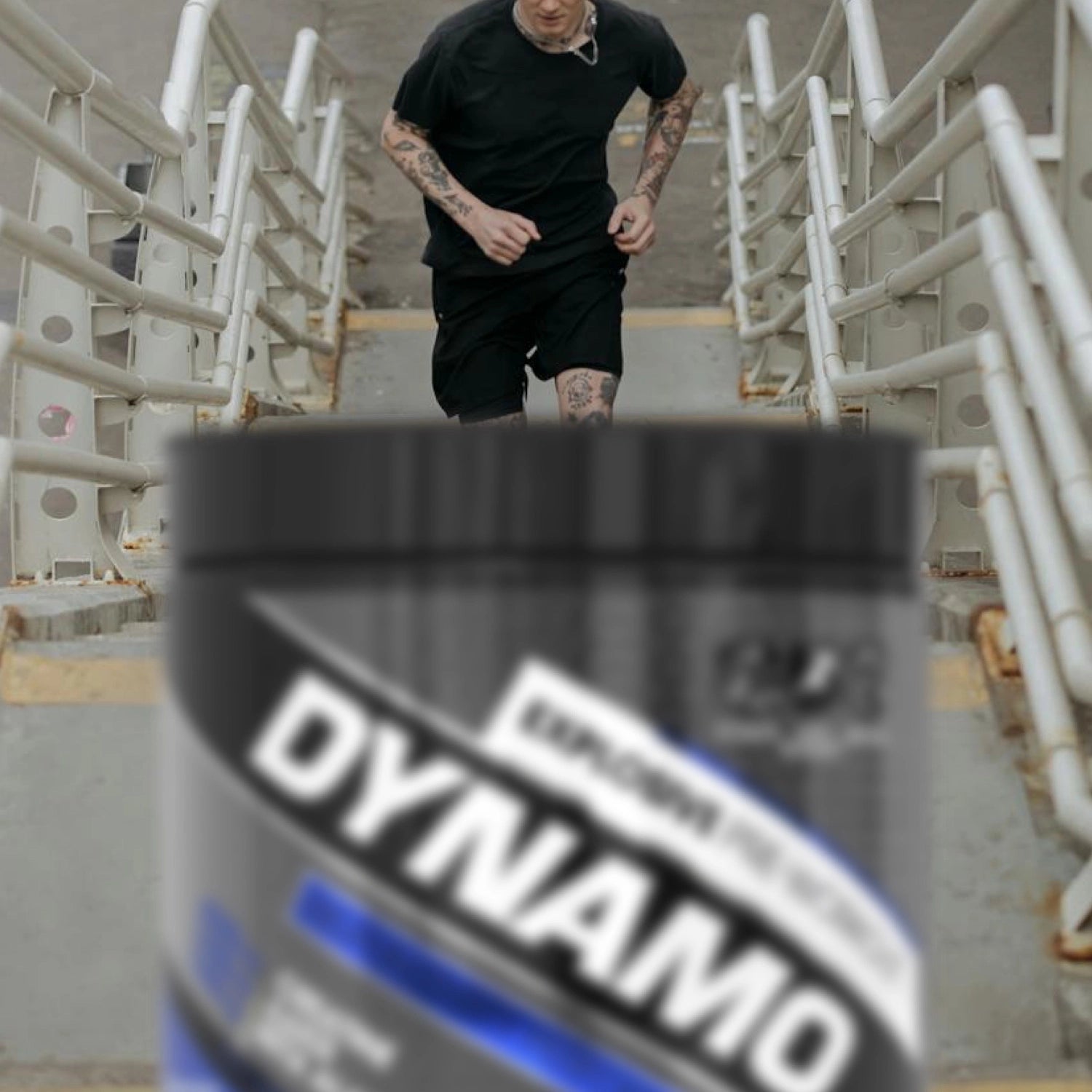 Person running up stadium steps with a 'Dynamo' product in the foreground