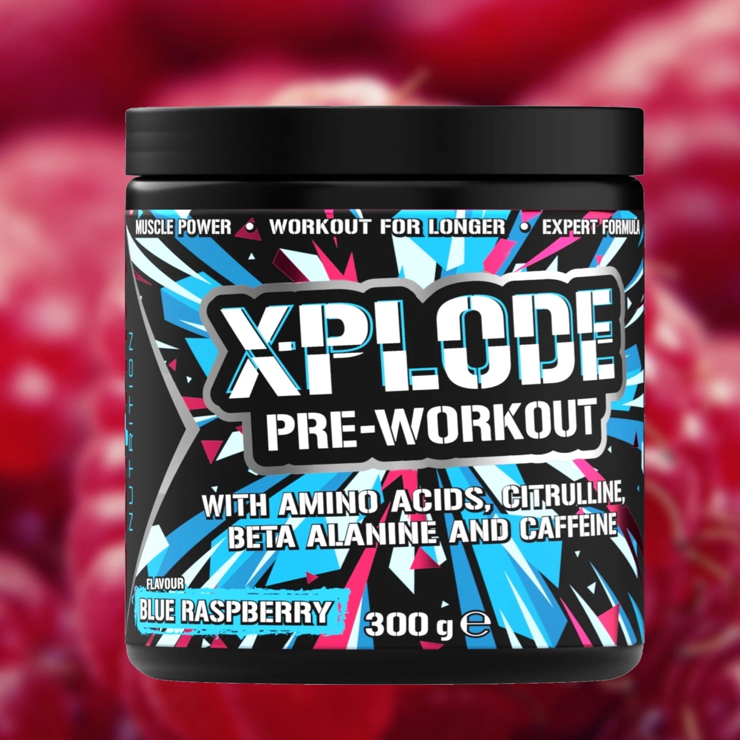 X-Plode pre-workout supplement container with blue raspberry flavour on a blurred raspberry background