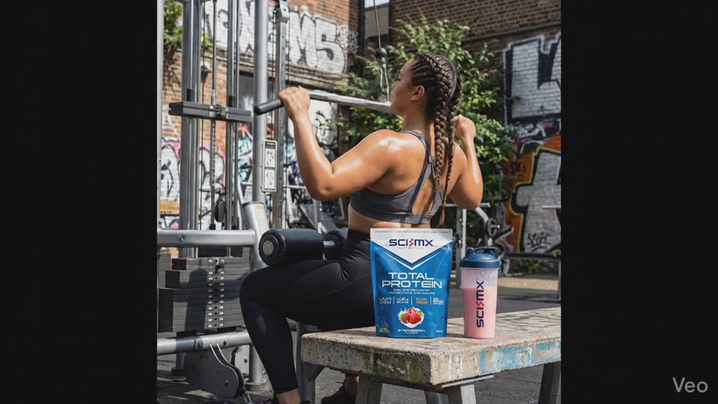 Young woman works out on a chest pull down machine in a cool outdoor gym