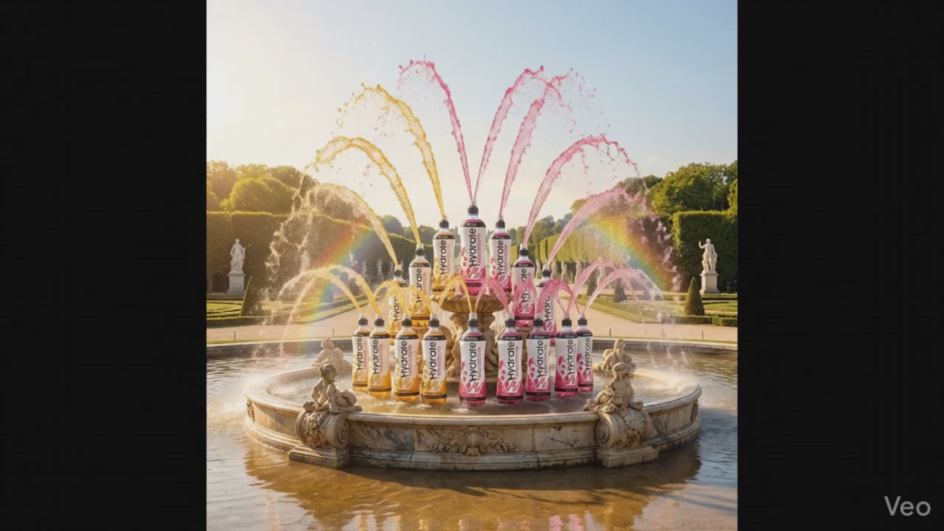A number of Protein Dynamix Hydrate drink bottles are positioned on a fountain as they spout arcs of drink into the air.  