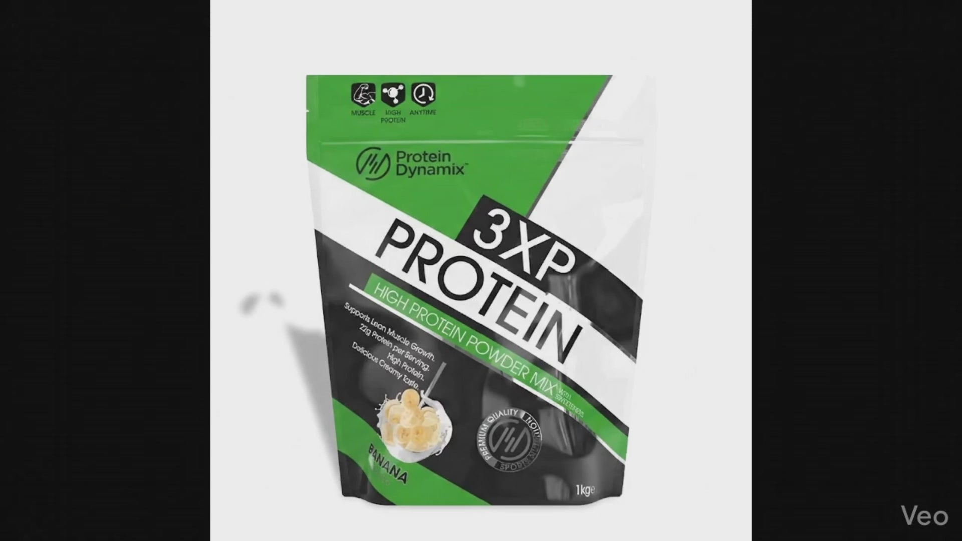 Protein Dynamix 3XP bag tears open like a banana and then loads of bananas tumble out.