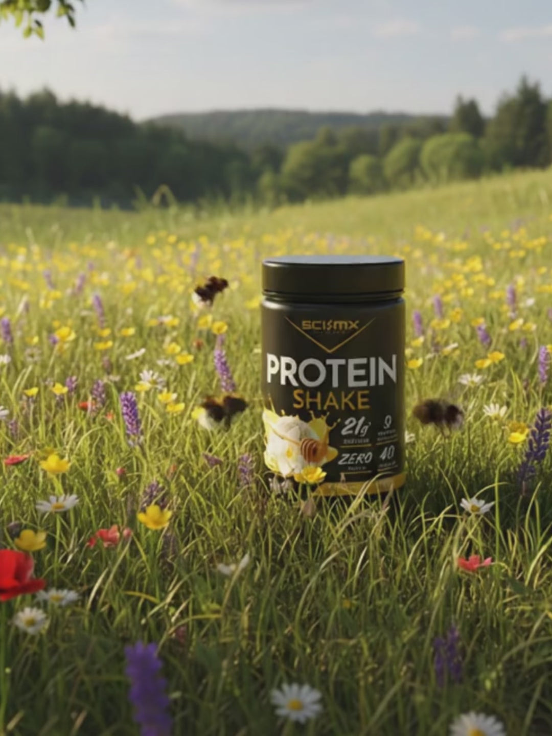 SCI-MX Protein Shake Vanilla & Honey in a meadow with bees buzzing around