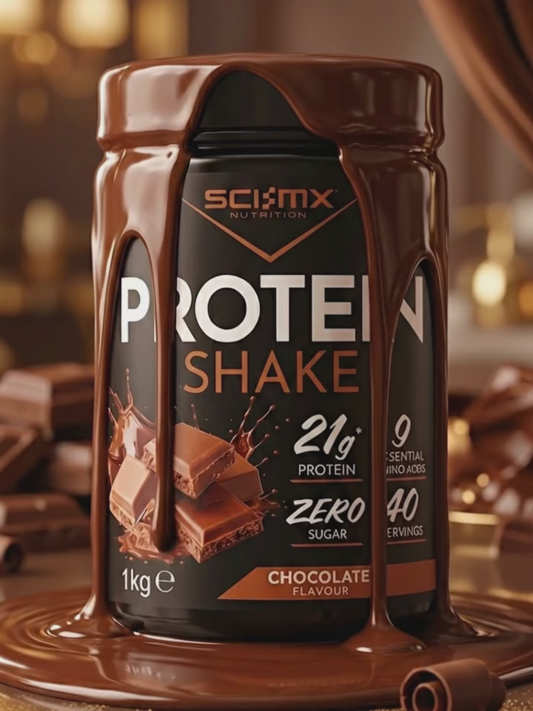 SCI-MX Protein Shake with Chocolate oozing over the package