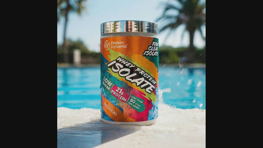 Protein powder tub is situated bt the side of a sunny swimming pool as a fit young man swims and then sips the drink 
