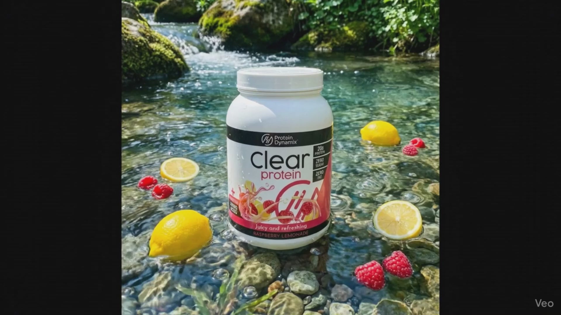 Protein Dynamix Clear Protein jar with raspberry lemonade flavour as lemons and raspberries tumble onto the top of the jar and then splash into the stream in which it stands