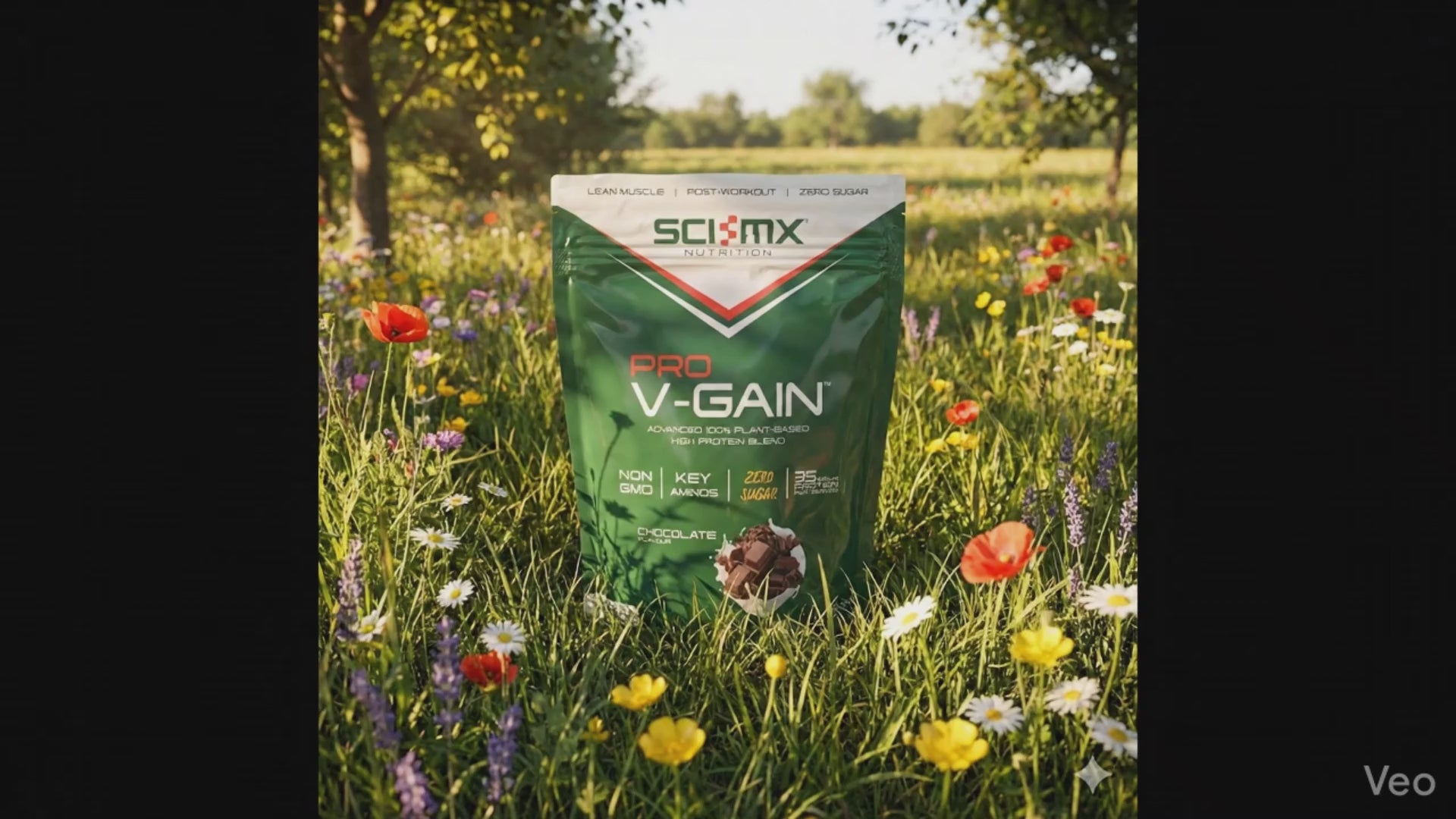 SCI-MX V-GAIN protein powder pack in a meadow of wildflowers and long grasses.